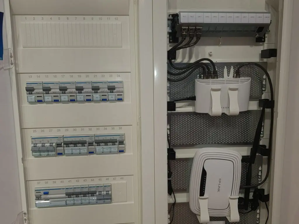 Ein geöffneter Schaltschrank mit mehreren Sicherungen und einem weißen Router im Inneren