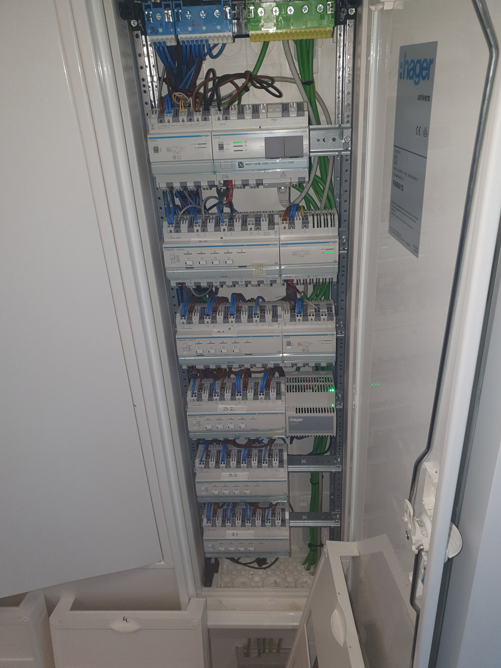 Ein geöffneter Sicherungskasten mit vielen blauen und grünen Kabeln und mehreren Schaltern