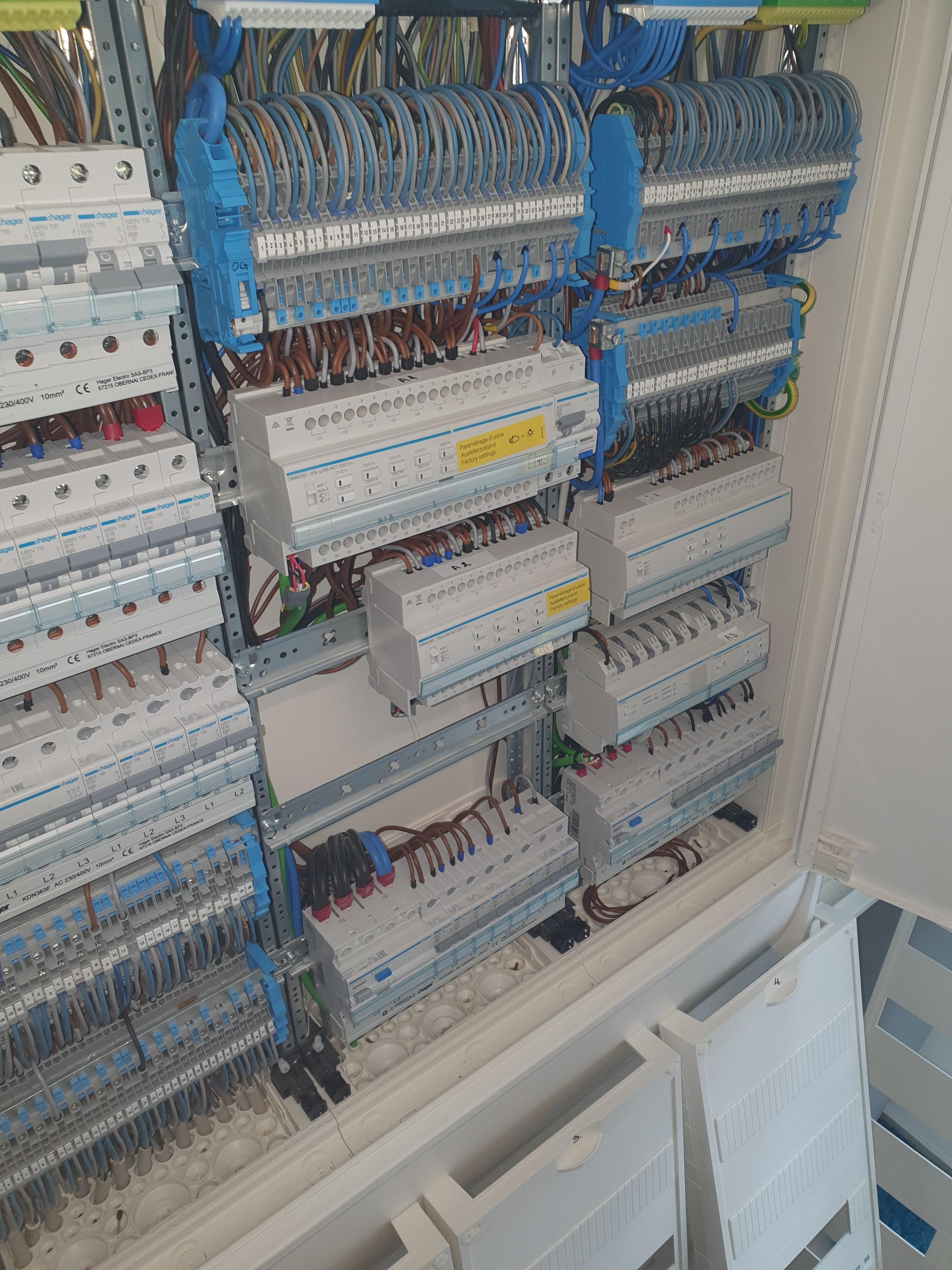 Schaltschrank mit vielen blauen und weißen Sicherungen sowie ordentlich sortierten Kabeln