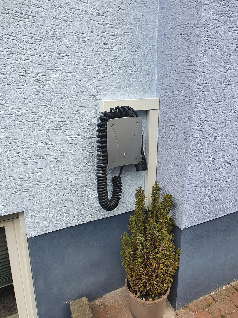 Grauer Stromanschluss mit schwarzem Spiralkabel an hellblauer Wand neben Topfpflanze